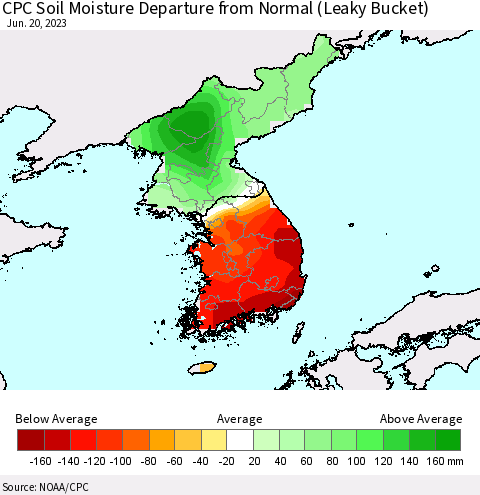 Korea CPC Soil Moisture Departure from Normal (Leaky Bucket) Thematic Map For 6/16/2023 - 6/20/2023