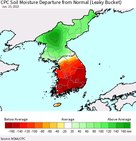 Korea CPC Soil Moisture Anomaly (Leaky Bucket) Thematic Map For 6/21/2023 - 6/25/2023