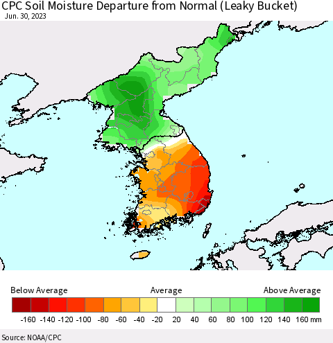 Korea CPC Soil Moisture Departure from Normal (Leaky Bucket) Thematic Map For 6/26/2023 - 6/30/2023