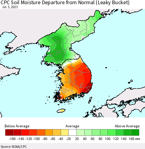 Korea CPC Soil Moisture Anomaly (Leaky Bucket) Thematic Map For 7/1/2023 - 7/5/2023