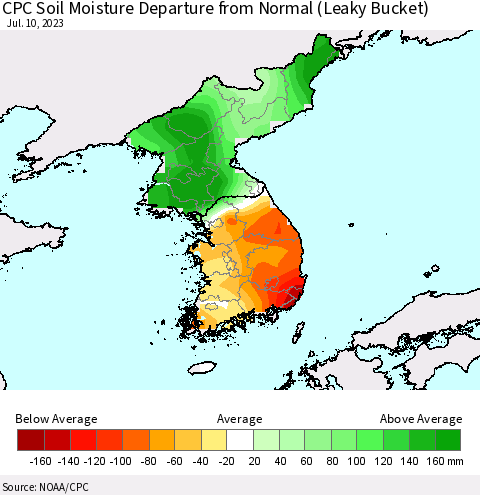Korea CPC Soil Moisture Departure from Normal (Leaky Bucket) Thematic Map For 7/6/2023 - 7/10/2023