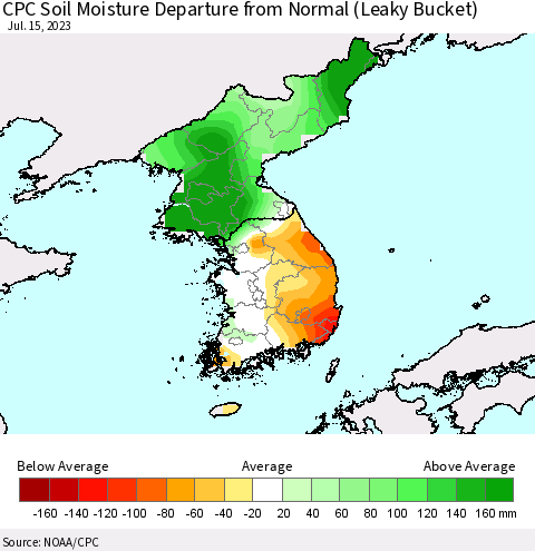 Korea CPC Soil Moisture Anomaly (Leaky Bucket) Thematic Map For 7/11/2023 - 7/15/2023