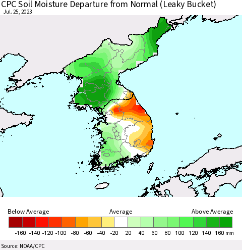 Korea CPC Soil Moisture Anomaly (Leaky Bucket) Thematic Map For 7/21/2023 - 7/25/2023