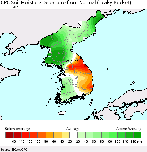 Korea CPC Soil Moisture Departure from Normal (Leaky Bucket) Thematic Map For 7/26/2023 - 7/31/2023