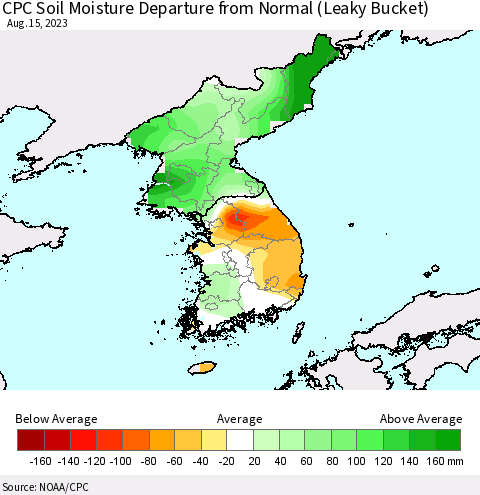 Korea CPC Soil Moisture Anomaly (Leaky Bucket) Thematic Map For 8/11/2023 - 8/15/2023