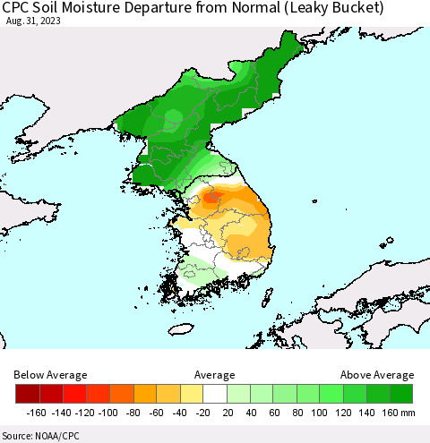 Korea CPC Soil Moisture Anomaly (Leaky Bucket) Thematic Map For 8/26/2023 - 8/31/2023