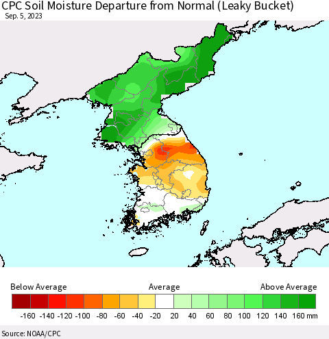 Korea CPC Soil Moisture Anomaly (Leaky Bucket) Thematic Map For 9/1/2023 - 9/5/2023