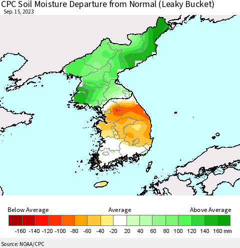 Korea CPC Soil Moisture Departure from Normal (Leaky Bucket) Thematic Map For 9/11/2023 - 9/15/2023