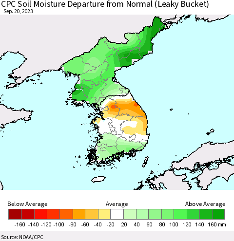 Korea CPC Soil Moisture Anomaly (Leaky Bucket) Thematic Map For 9/16/2023 - 9/20/2023