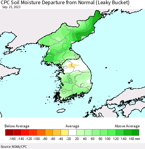 Korea CPC Soil Moisture Departure from Normal (Leaky Bucket) Thematic Map For 9/21/2023 - 9/25/2023