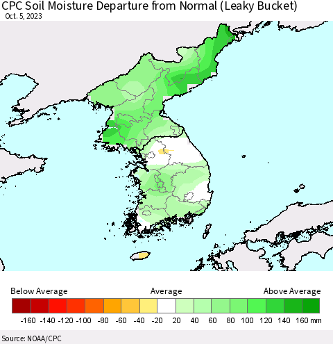 Korea CPC Soil Moisture Departure from Normal (Leaky Bucket) Thematic Map For 10/1/2023 - 10/5/2023