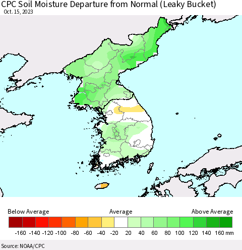 Korea CPC Soil Moisture Departure from Normal (Leaky Bucket) Thematic Map For 10/11/2023 - 10/15/2023