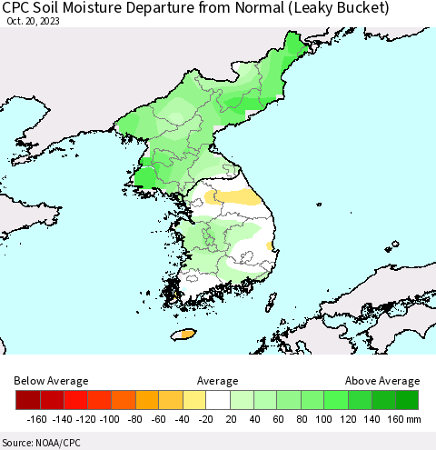 Korea CPC Soil Moisture Departure from Normal (Leaky Bucket) Thematic Map For 10/16/2023 - 10/20/2023
