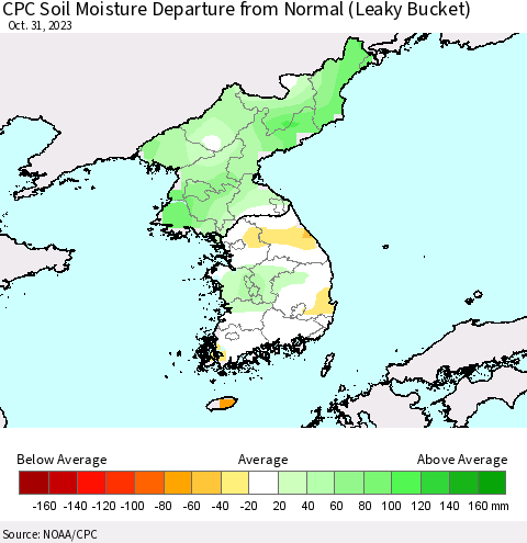 Korea CPC Soil Moisture Departure from Normal (Leaky Bucket) Thematic Map For 10/26/2023 - 10/31/2023