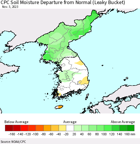 Korea CPC Soil Moisture Departure from Normal (Leaky Bucket) Thematic Map For 11/1/2023 - 11/5/2023