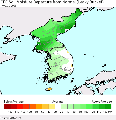 Korea CPC Soil Moisture Departure from Normal (Leaky Bucket) Thematic Map For 11/6/2023 - 11/10/2023