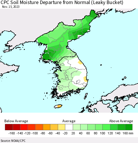 Korea CPC Soil Moisture Departure from Normal (Leaky Bucket) Thematic Map For 11/11/2023 - 11/15/2023