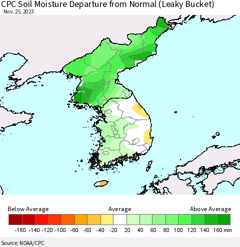Korea CPC Soil Moisture Departure from Normal (Leaky Bucket) Thematic Map For 11/21/2023 - 11/25/2023