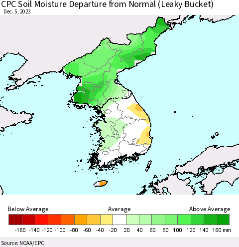 Korea CPC Soil Moisture Departure from Normal (Leaky Bucket) Thematic Map For 12/1/2023 - 12/5/2023