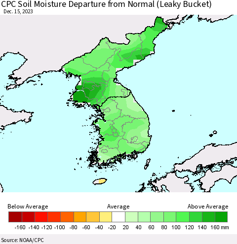 Korea CPC Soil Moisture Departure from Normal (Leaky Bucket) Thematic Map For 12/11/2023 - 12/15/2023