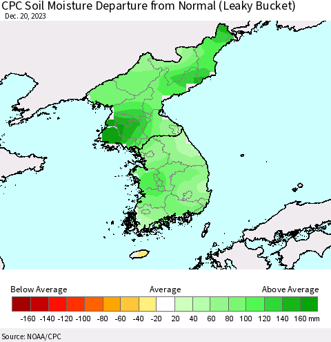 Korea CPC Soil Moisture Departure from Normal (Leaky Bucket) Thematic Map For 12/16/2023 - 12/20/2023