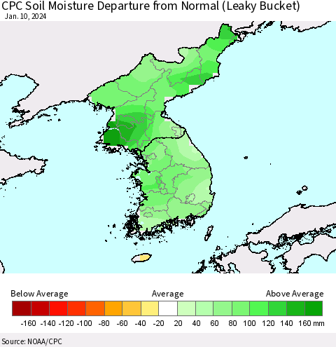 Korea CPC Soil Moisture Departure from Normal (Leaky Bucket) Thematic Map For 1/6/2024 - 1/10/2024