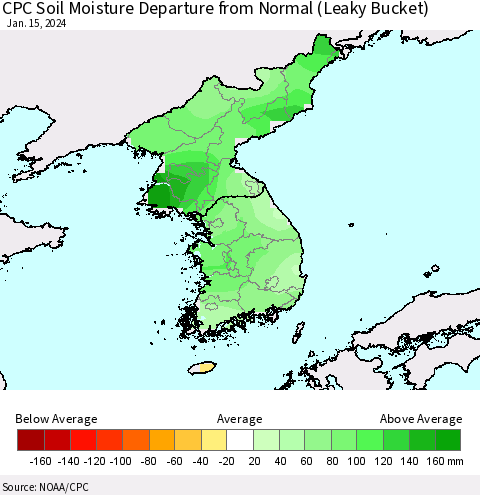 Korea CPC Soil Moisture Departure from Normal (Leaky Bucket) Thematic Map For 1/11/2024 - 1/15/2024