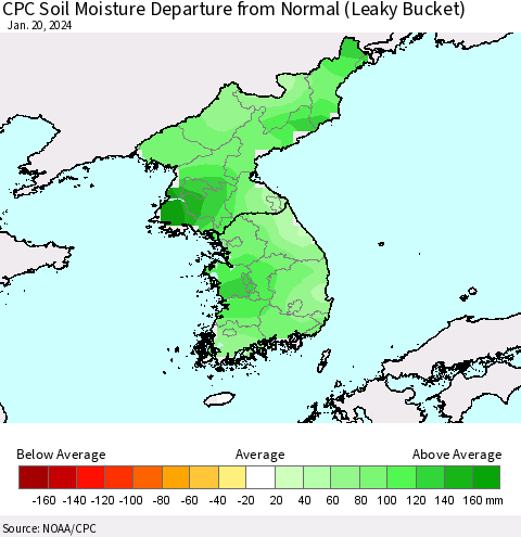 Korea CPC Soil Moisture Departure from Normal (Leaky Bucket) Thematic Map For 1/16/2024 - 1/20/2024