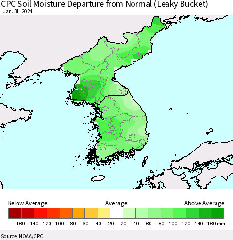 Korea CPC Soil Moisture Departure from Normal (Leaky Bucket) Thematic Map For 1/26/2024 - 1/31/2024