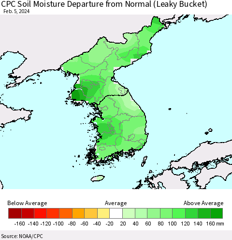 Korea CPC Soil Moisture Departure from Normal (Leaky Bucket) Thematic Map For 2/1/2024 - 2/5/2024