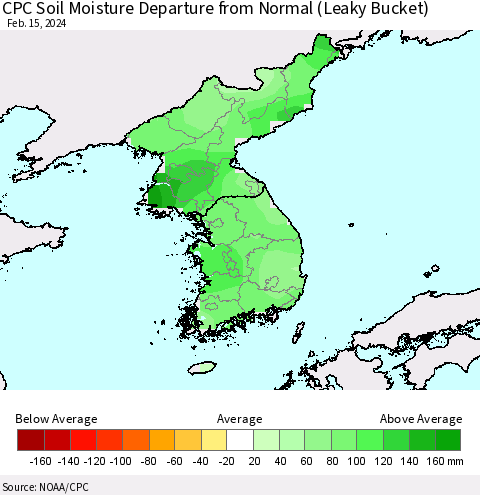 Korea CPC Soil Moisture Departure from Normal (Leaky Bucket) Thematic Map For 2/11/2024 - 2/15/2024