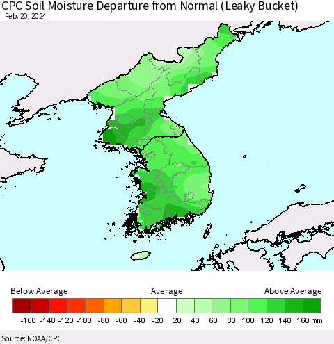 Korea CPC Soil Moisture Departure from Normal (Leaky Bucket) Thematic Map For 2/16/2024 - 2/20/2024