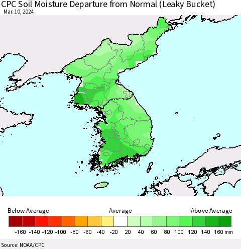 Korea CPC Soil Moisture Departure from Normal (Leaky Bucket) Thematic Map For 3/6/2024 - 3/10/2024