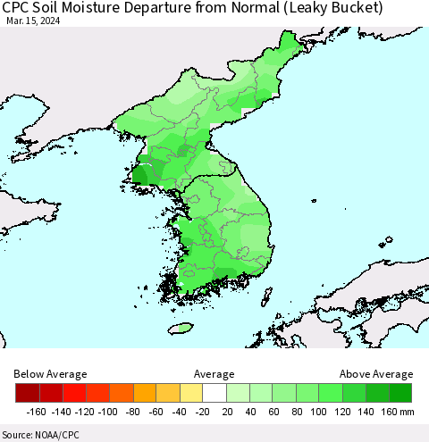 Korea CPC Soil Moisture Departure from Normal (Leaky Bucket) Thematic Map For 3/11/2024 - 3/15/2024