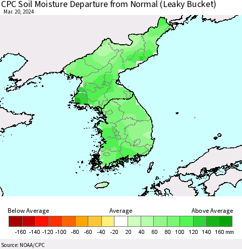 Korea CPC Soil Moisture Departure from Normal (Leaky Bucket) Thematic Map For 3/16/2024 - 3/20/2024