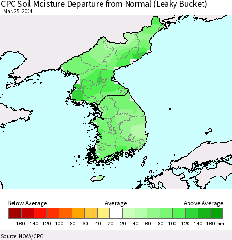 Korea CPC Soil Moisture Departure from Normal (Leaky Bucket) Thematic Map For 3/21/2024 - 3/25/2024