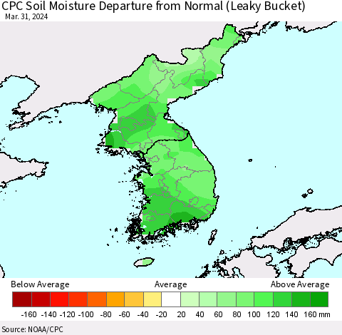 Korea CPC Soil Moisture Departure from Normal (Leaky Bucket) Thematic Map For 3/26/2024 - 3/31/2024
