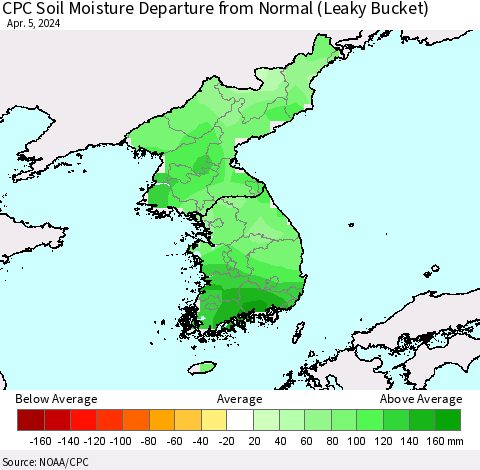 Korea CPC Soil Moisture Departure from Normal (Leaky Bucket) Thematic Map For 4/1/2024 - 4/5/2024