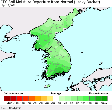 Korea CPC Soil Moisture Departure from Normal (Leaky Bucket) Thematic Map For 4/11/2024 - 4/15/2024