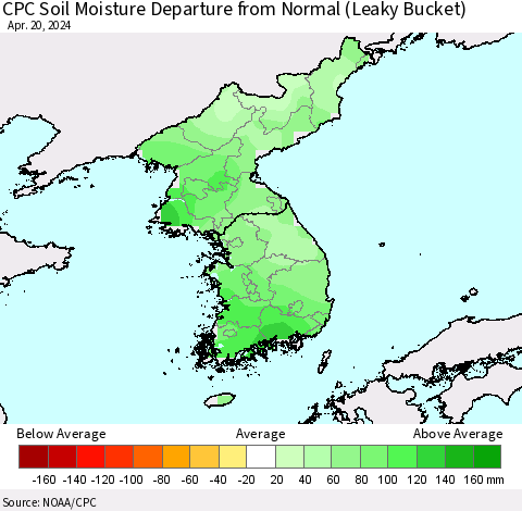 Korea CPC Soil Moisture Departure from Normal (Leaky Bucket) Thematic Map For 4/16/2024 - 4/20/2024