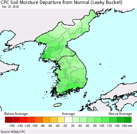 Korea CPC Soil Moisture Departure from Normal (Leaky Bucket) Thematic Map For 4/21/2024 - 4/25/2024