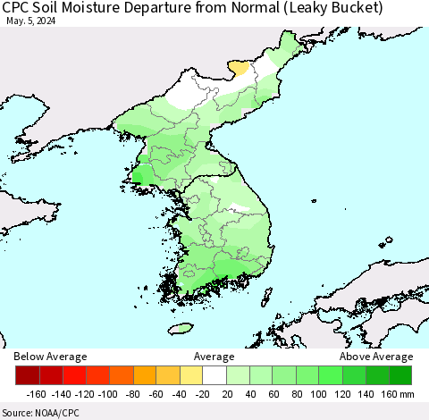 Korea CPC Soil Moisture Departure from Normal (Leaky Bucket) Thematic Map For 5/1/2024 - 5/5/2024