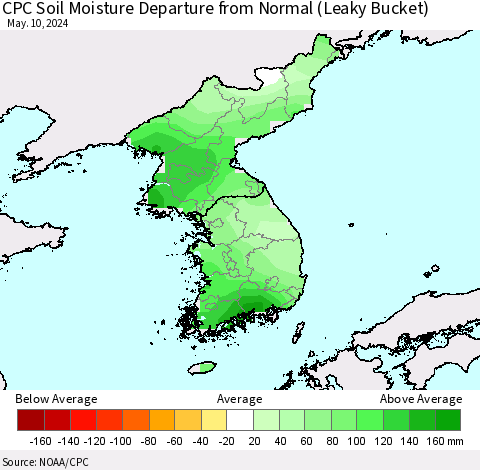 Korea CPC Soil Moisture Departure from Normal (Leaky Bucket) Thematic Map For 5/6/2024 - 5/10/2024