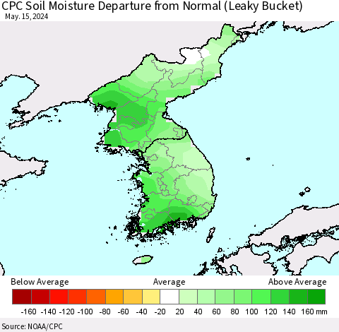 Korea CPC Soil Moisture Departure from Normal (Leaky Bucket) Thematic Map For 5/11/2024 - 5/15/2024