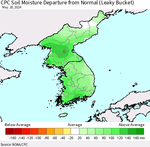 Korea CPC Soil Moisture Departure from Normal (Leaky Bucket) Thematic Map For 5/16/2024 - 5/20/2024