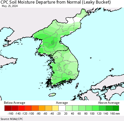 Korea CPC Soil Moisture Departure from Normal (Leaky Bucket) Thematic Map For 5/21/2024 - 5/25/2024