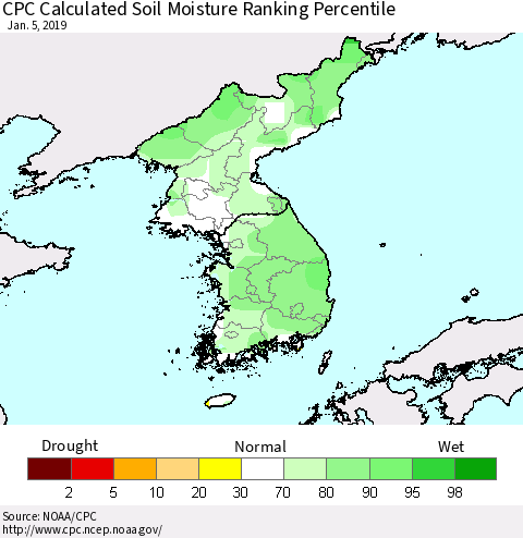 Korea CPC Soil Moisture Ranking Percentile (Leaky Bucket) Thematic Map For 1/1/2019 - 1/5/2019