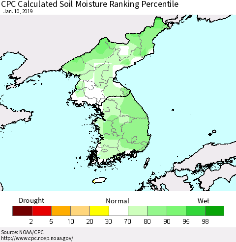 Korea CPC Soil Moisture Ranking Percentile (Leaky Bucket) Thematic Map For 1/6/2019 - 1/10/2019