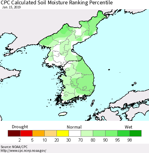 Korea CPC Soil Moisture Ranking Percentile (Leaky Bucket) Thematic Map For 1/11/2019 - 1/15/2019