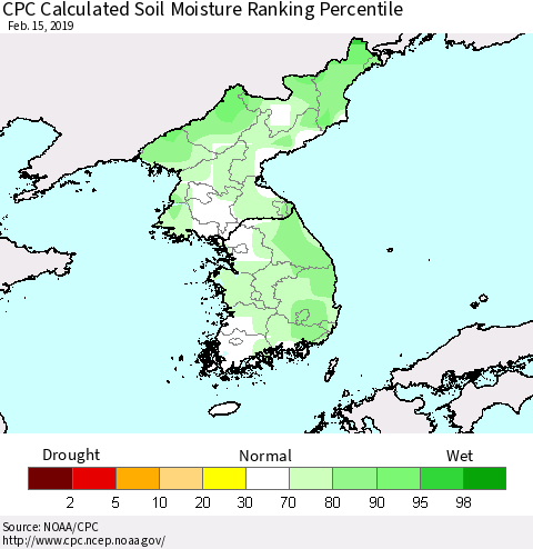 Korea CPC Soil Moisture Ranking Percentile (Leaky Bucket) Thematic Map For 2/11/2019 - 2/15/2019